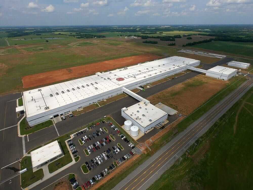 Aerial view of LG Electronics factory and surrounding rural landscape with large manufacturing buildings.