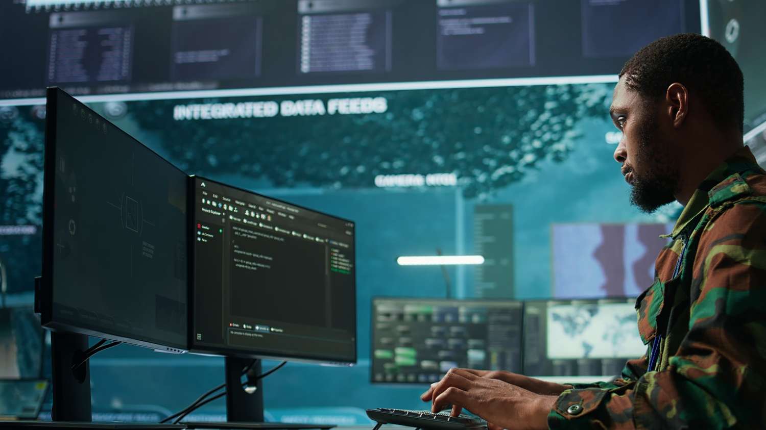Tech professional analyzing data feeds on dual monitors in a control room.