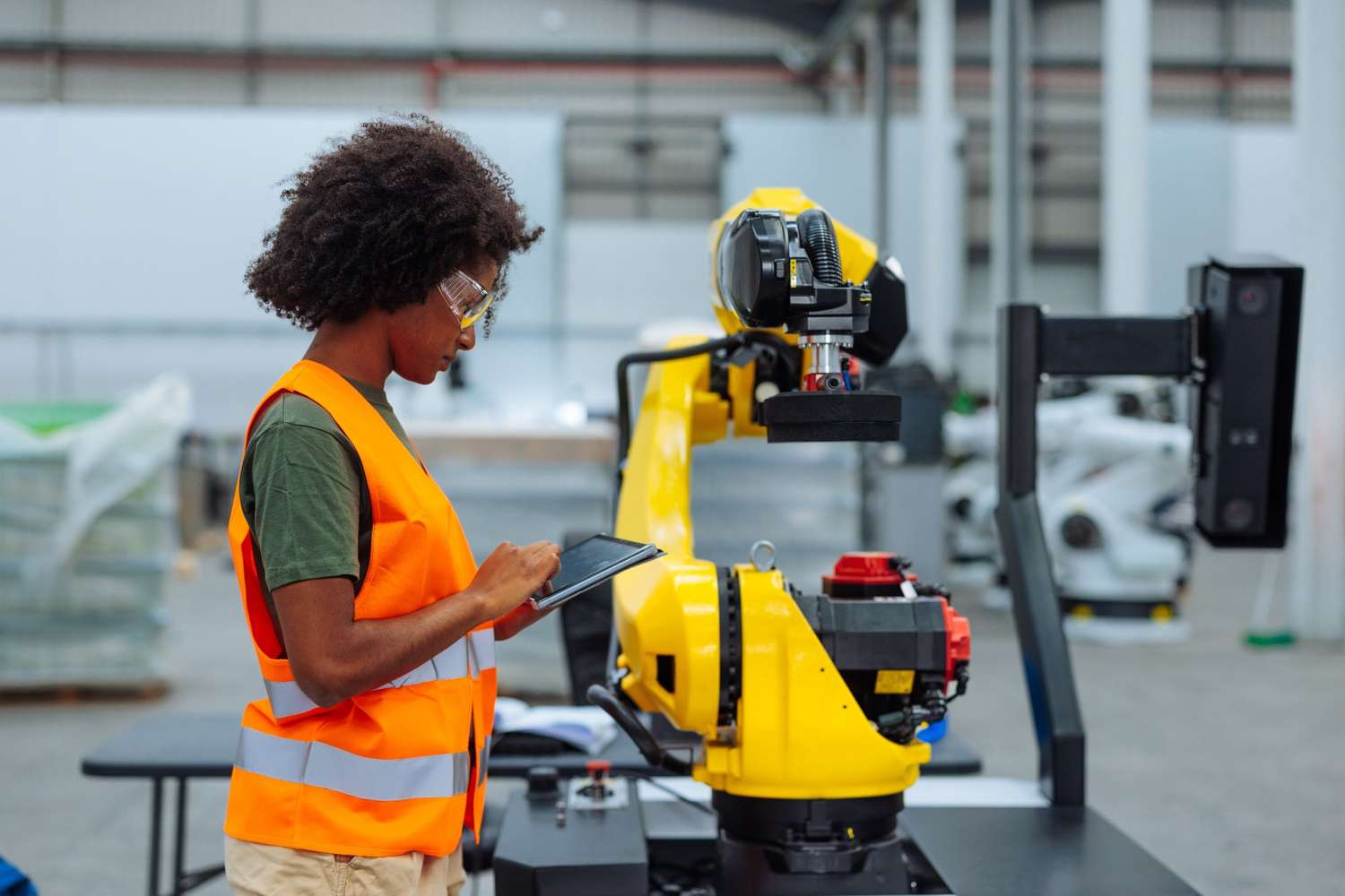 Female engineer using tablet to control robotic arm in factory.